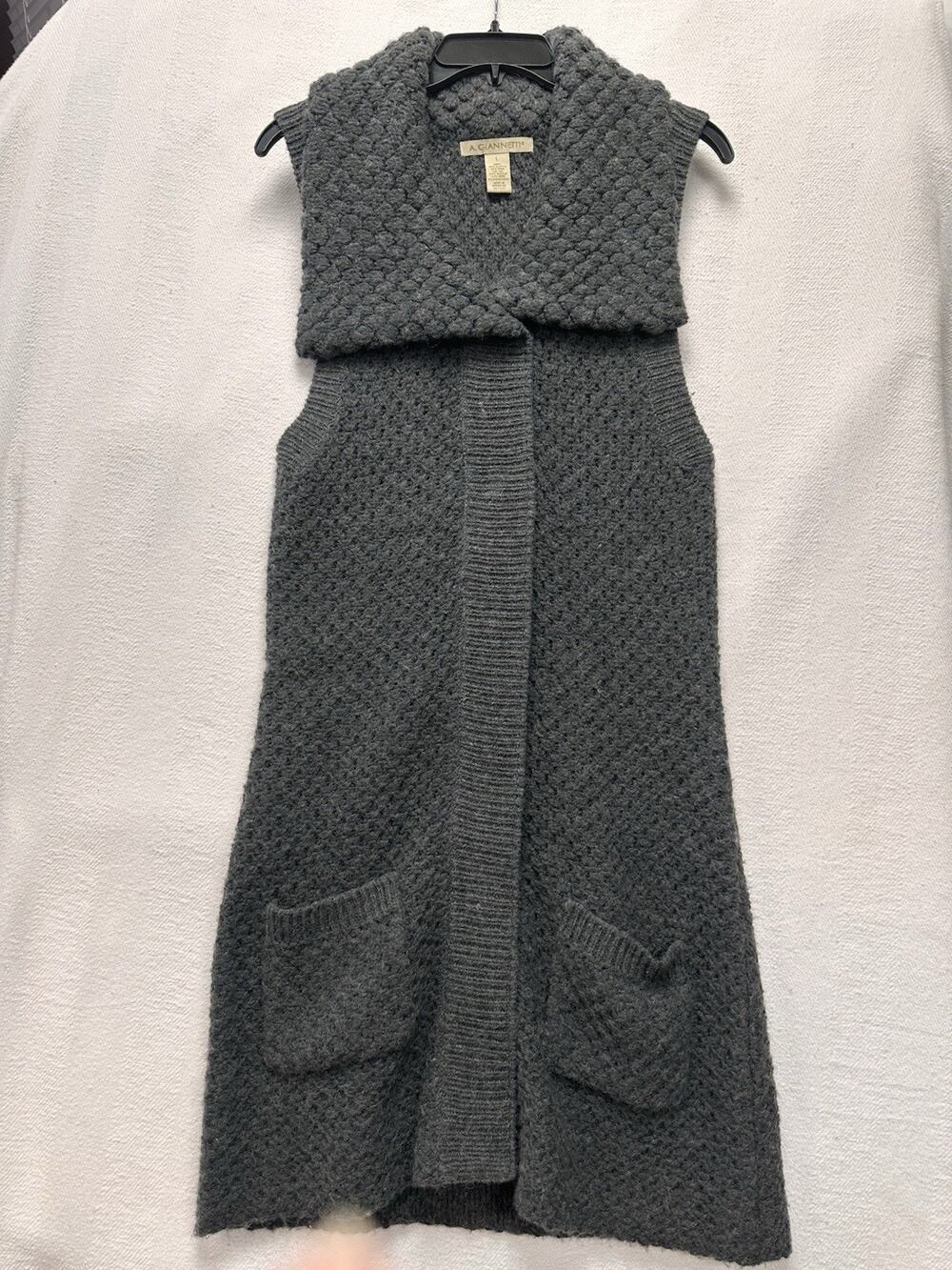 A. Giannetti Women's Gray Long Sleeveless Vest Collared Snap Front Pockets L